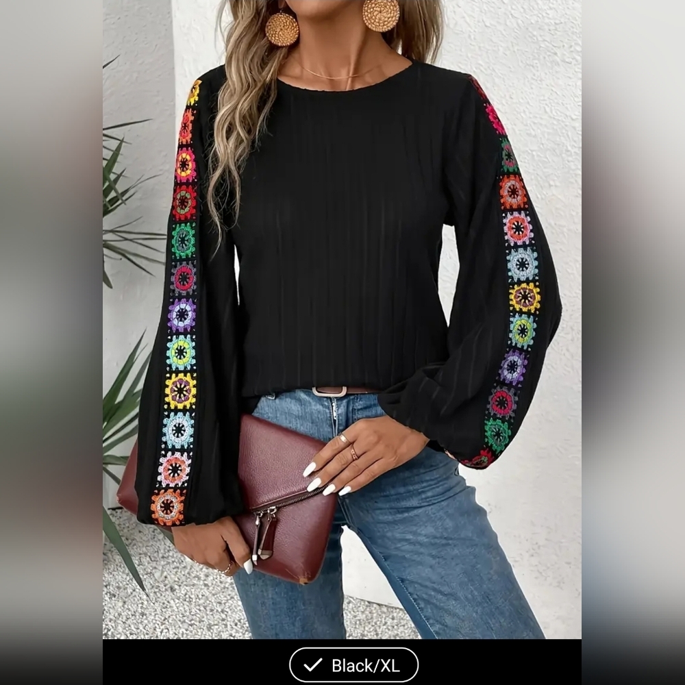 Black Granny Square Long Sleeve Women's Top Sz XXL - Picture 2 of 3